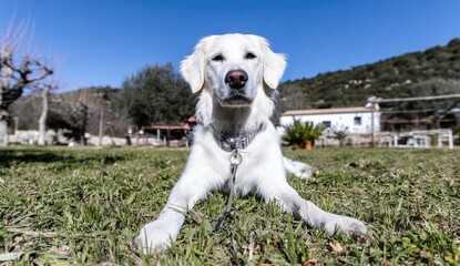 White dog resting in grassy yard; sunny day