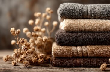 Stacked, folded towels in neutral tones with dried floral sprigs in soft focus