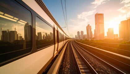 Obraz premium View of city skyline through a window of a train, travel concept