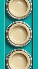 Three light beige, round containers, vertically aligned on a teal background, showing tops