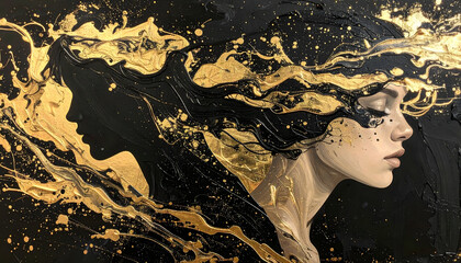 Close up young woman in painting created from a combination of smeared black and gold metallic colors, movement that contrasts beautifully with the gold accents