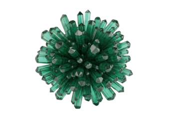 Dynamic eruption of deep emerald crystalline shards, sharp facets, shimmering edges, suspended on transparent studio background with copy space, concept of geological power