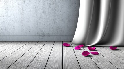 Pink rose petals on light wood floor near white curtain