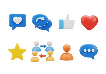 3d icon of collection of social media icons and symbols isolated on transparent background