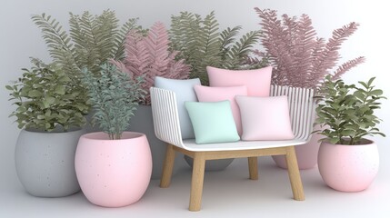 Pastel-toned outdoor seating area with potted plants