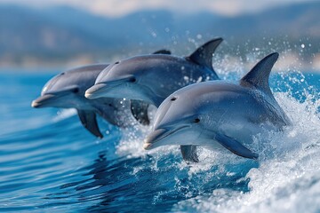 three dolphins jumping out of the ocean waves in hawaii