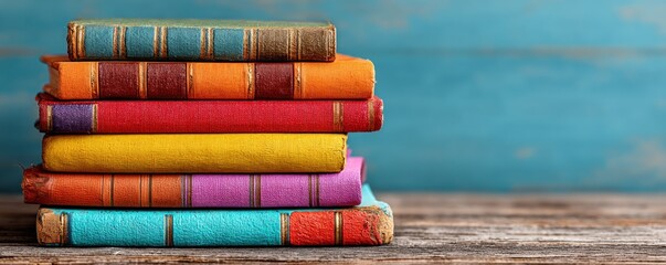 A stack of colorful hardback books on a wooden surface against a blue background