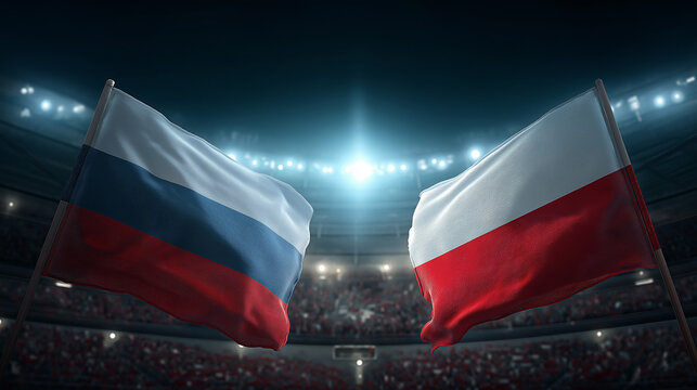 Russia vs poland sporting event stadium flags competitive environment close-up view national pride