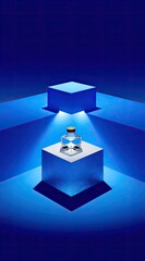 A  blue-lit,  geometric  display  with  a  hourglass