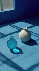Two vases, one teal, one white, on a blue floor, sunlight casts shadows