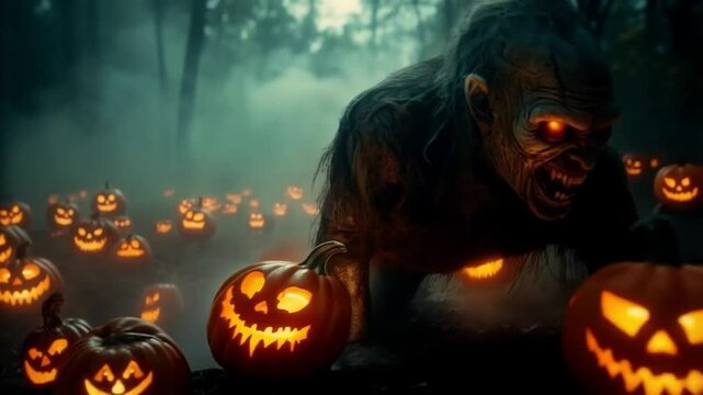 Spooky monster with glowing eyes surrounded by jack o lanterns in a foggy forest scene halloween zombie video