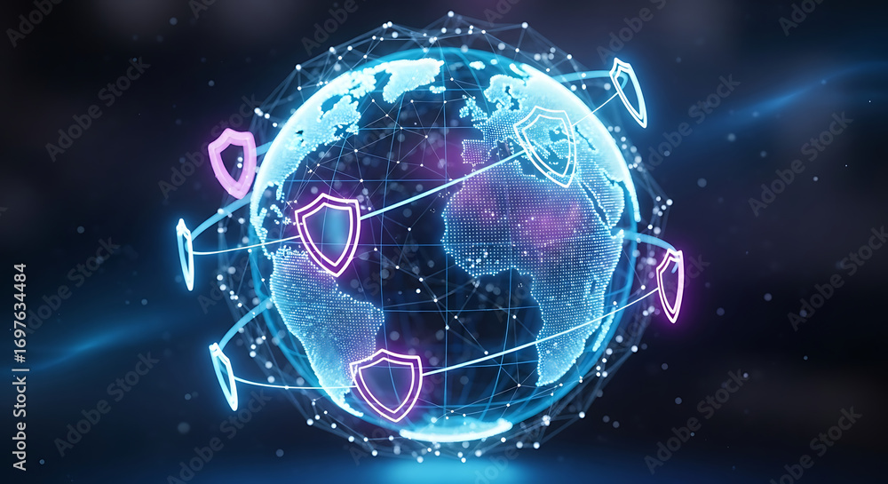 Poster digital globe surrounded by shield icons representing global cybersecurity privacy and online networ