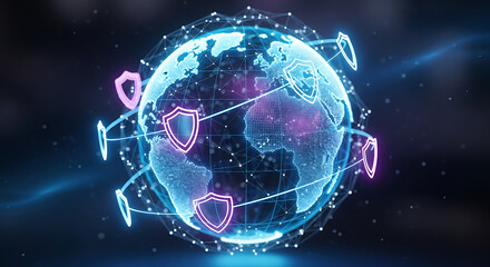 Digital globe surrounded by shield icons representing global cybersecurity privacy and online network protection