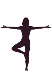 Woman in tree pose yoga silhouette. Figure demonstrating balance and meditation for holistic wellness concept.