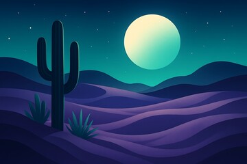Vibrant desert landscape under a full moon