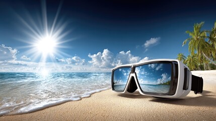 White scuba mask on tropical beach sand