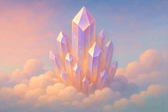 Ethereal crystal formation floating amongst soft pastel clouds