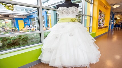 White wedding gown on mannequin,  bright interior,  large windows