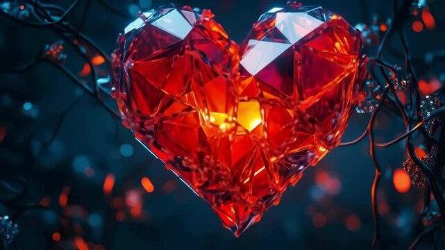 Red crystal heart with an inner glow hanging on dark branches with bokeh effect