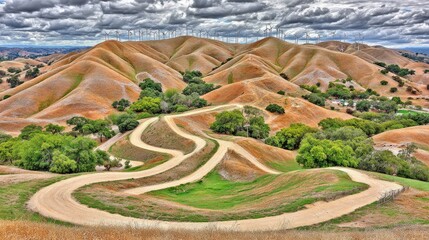 Winding dirt roads snake through a landscape of rolling hills, punctuated by wind turbines and patches of greenery