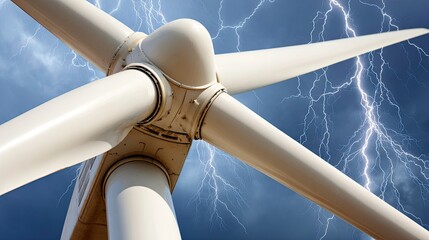 Close-up of wind turbine blades against a backdrop of powerful lightning