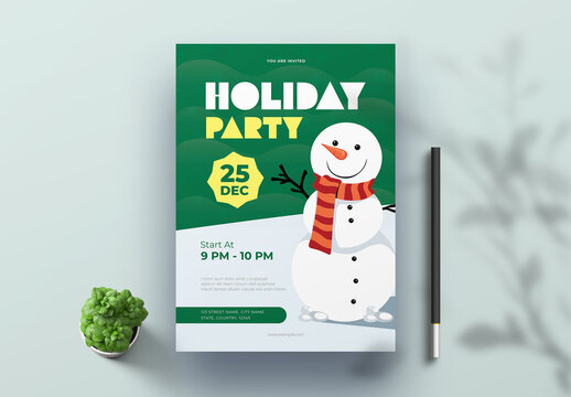 Holiday Christmas Invitation Card Template with Snowman Illustration