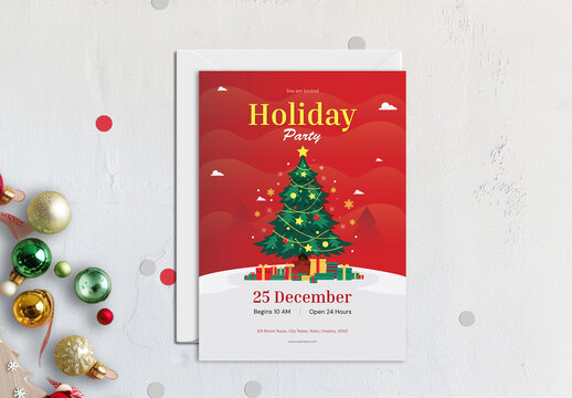 Holiday Christmas Party Invitation with Festive Tree and Gifts
