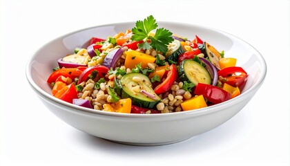Colorful Vegetable Salad with Grains in White Bowl