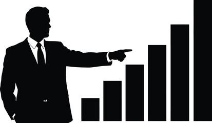Silhouette of a businessman pointing at a bar graph showing growth