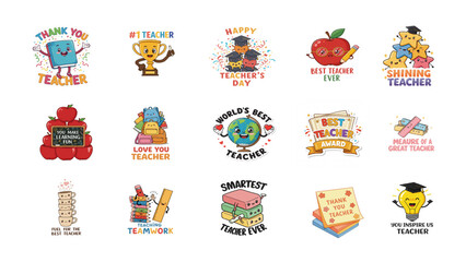 Teachers Day Isolated Stickers Collection | Cute Cartoon Vector Design for Happy Teacher Appreciation, Thank You, and Best Teacher Ever Labels