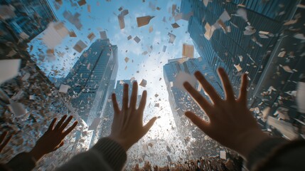 Dynamic, chaotic scene of hands reaching upwards amidst a torrent of papers and documents falling from between towering modern buildings. 