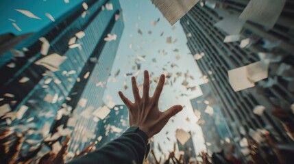 Dynamic, chaotic scene of hands reaching upwards amidst a torrent of papers and documents falling from between towering modern buildings. 