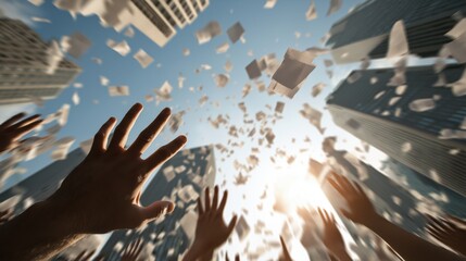 Dynamic, chaotic scene of hands reaching upwards amidst a torrent of papers and documents falling from between towering modern buildings. 