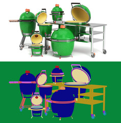Set of barbecue green color BBQ grill with lid  for outdoor prepare meat food 3d illustration on white with alpha