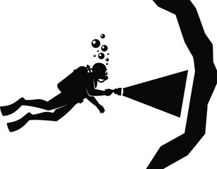 Silhouette of a scuba diver exploring a cave with a flashlight, adventure concept