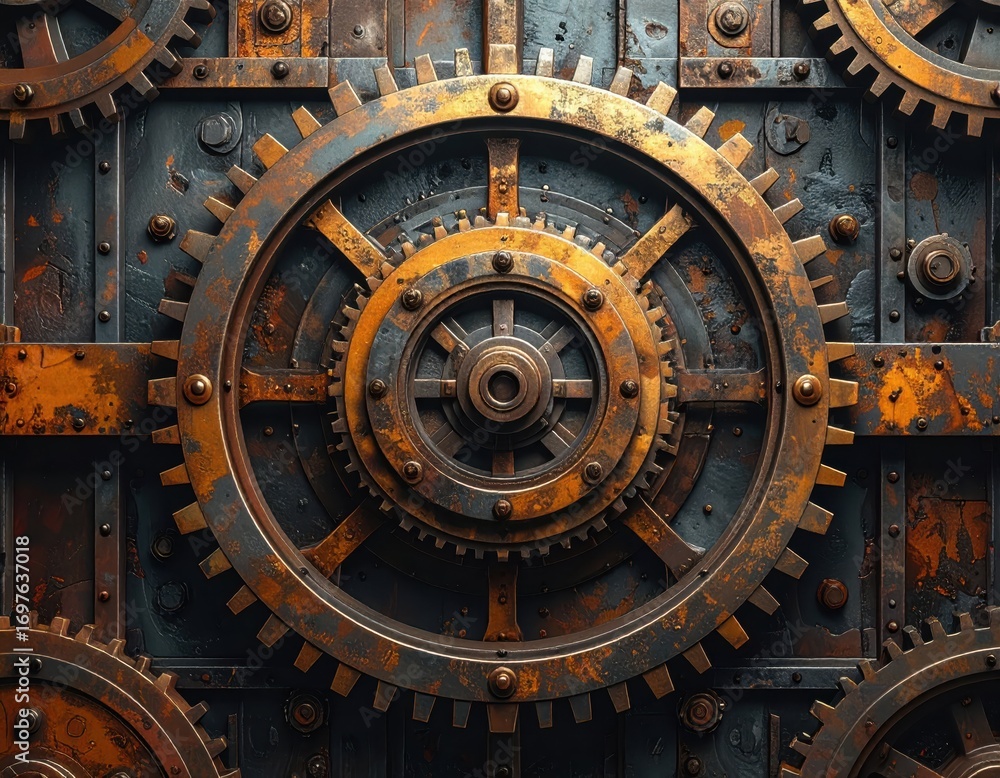Poster industrial gears and cogs background with rust and texture details