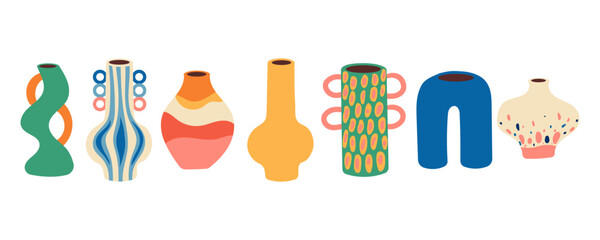 Dopamine vase set. Collection of various geometric vases. Different types of ceramic pottery set in cartoon groovy funky style. Spring, summer elements stickers bundle