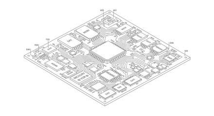 Isometric conceptual outline illustration of a microchip circuit board blueprint