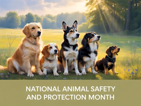 Group of dogs sitting in a field for national animal safety and protection - Powered by Adobe