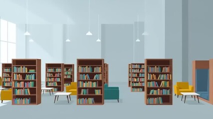 Modern library interior with bookshelves, cozy seating areas, and natural light streaming in