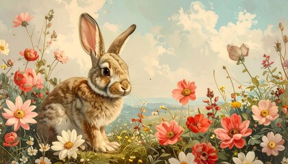 Obraz premium Cute rabbit amidst colorful flowers