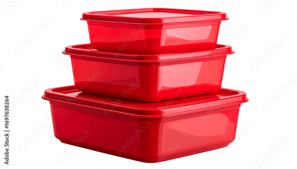 Poster three red stacked plastic food storage containers lid set home neat isolated on transparent backgrou