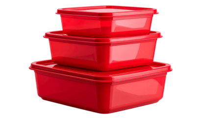 Three red stacked plastic food storage containers lid set home neat isolated on transparent background
