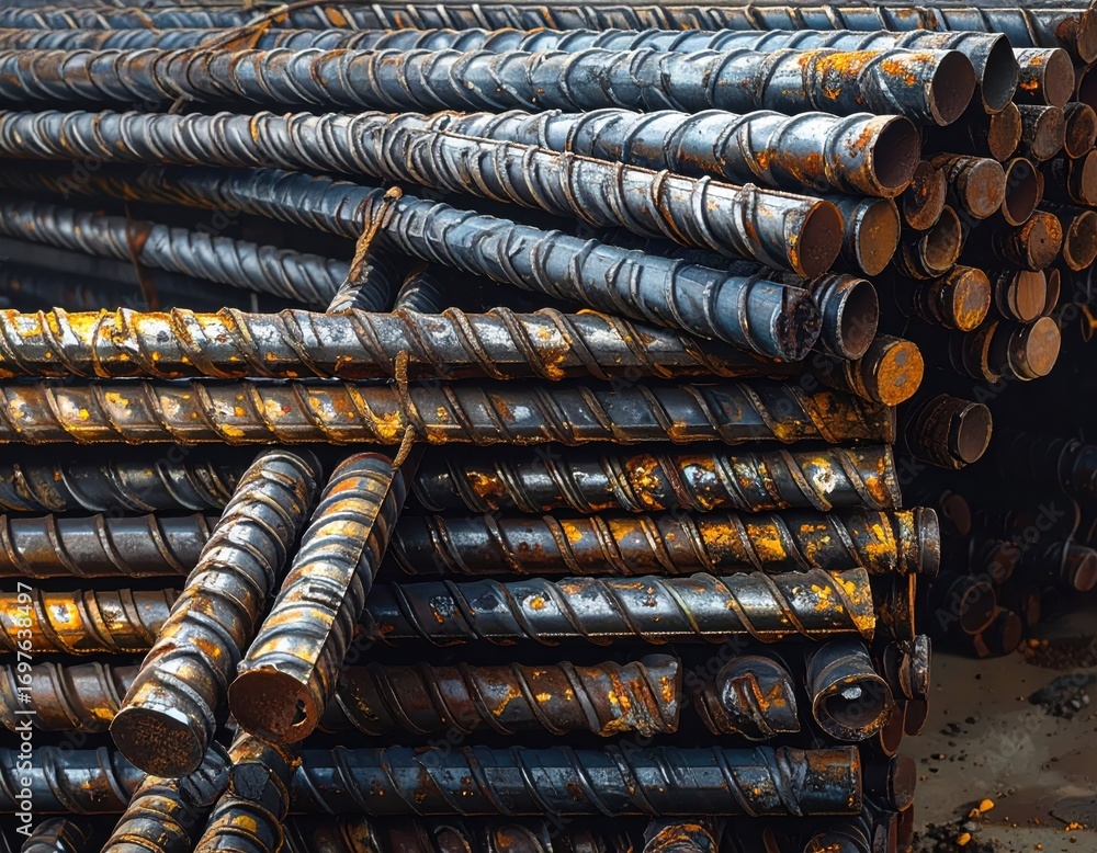 Poster rusty rebar stacked together in construction site close-up view