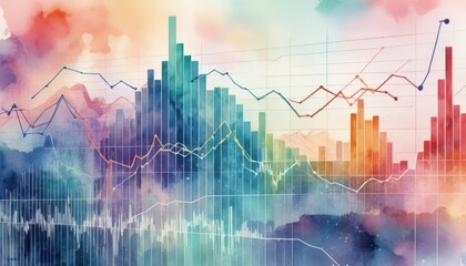 Colorful abstract data visualization with bar graphs and line charts representing financial growth and market analysis in a vibrant artistic style
