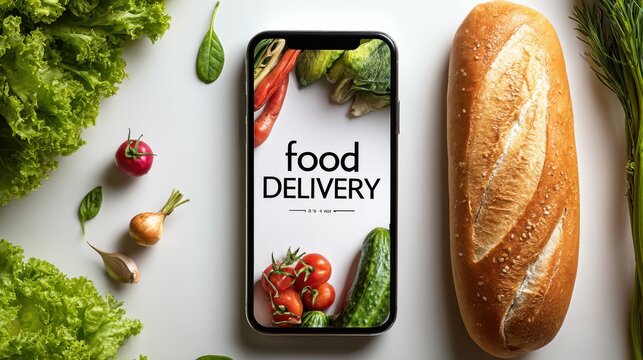Fresh Vegetables and Bread Roll Surround Smartphone Displaying Food Delivery App