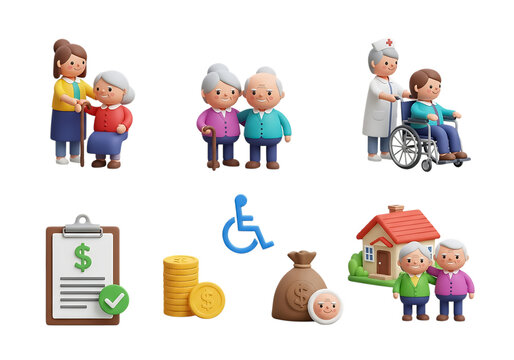3d icon of elderly care and support services, financial planning, and housing options for seniors isolated on transparent background