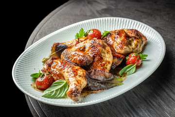Roasted chicken with herbs and cherry tomatoes on a white plate