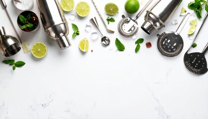 Minimalist cocktail preparation flat lay on white marble background