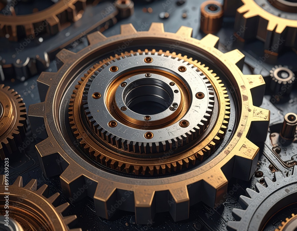 Poster intricate collection of metallic gears and cogs on dark background